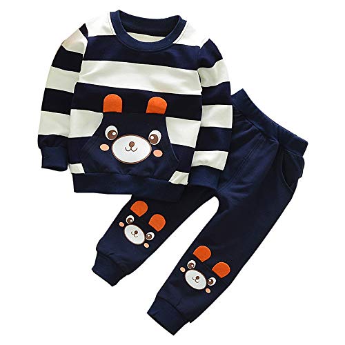 IQYU Baby Hemd 86 Kinder Set Junge Herbstkleidung Oberteile + Hosen gestreifte Baby-Outfits-Mädchen Bär Baby Hochzeit Junge (Navy, 110) von IQYU