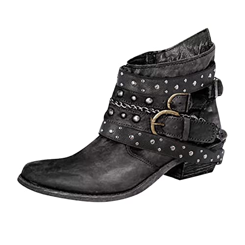 IQYU Bikerboot FüR Frauen,Westernstiefel Mit Absatz Plateau,Stiefeletten Mit GüRtelschnalle Damen,Herbst Und Winter Vintage Lederschuhe,Damen Cowboy Stiefel,Ankle Boots Mit Nieten Casual von IQYU