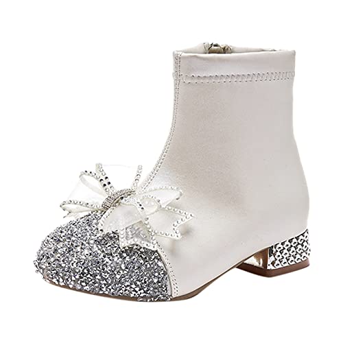 IQYU Glitzer Lederschuhe für Mädchen Glitzer Stiefeletten Kinder Low Heel Dress Booties Fashion Side Zipper Short Boots Bow Schuhe Hausschuhe 31 (Silver, 28 Little Child) von IQYU