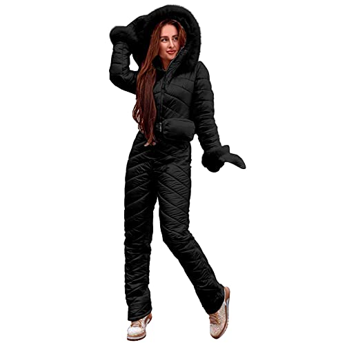 IQYU Jumpsuit Damen Sommer Gestreift Frauen Snowboard Skianzug Plüschkragen Mode Lässig Warmhalten Verdicken Outdoor Sports Reißverschluss Skianzug Hosenanzug Damen Business (Black, XL) von IQYU