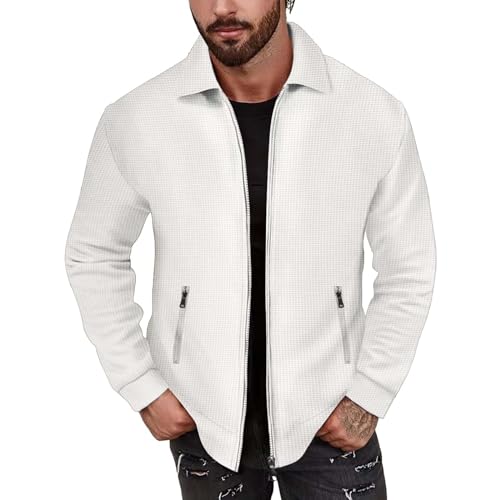 IQYU Langarmshirt Herren Slim Fit,Strickjacke Herren ReißVerschluss,Waffelhemd FüR MäNner,Langarmshirt Herren Baumwolle,Herrenhemd Einfarbig Mit Revers,Mode Strickjacke Herren Ohne Kapuze von IQYU