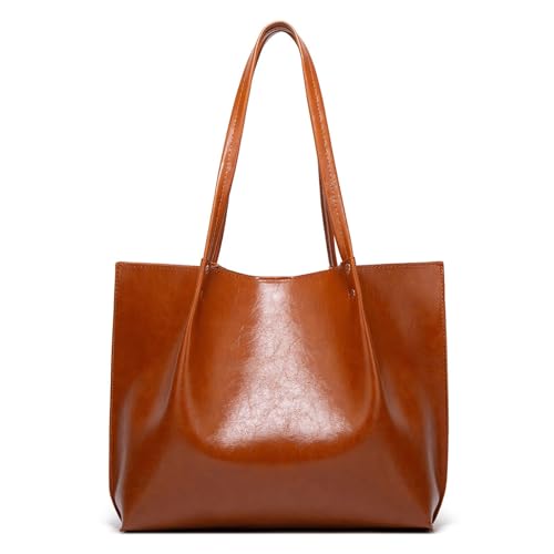 IQYU Mit Taschen Einfache Handtasche aus Ölwachsleder mit großem Fassungsvermögen Umhängetaschen Herren Groß Vintage (Brown, One Size) von IQYU