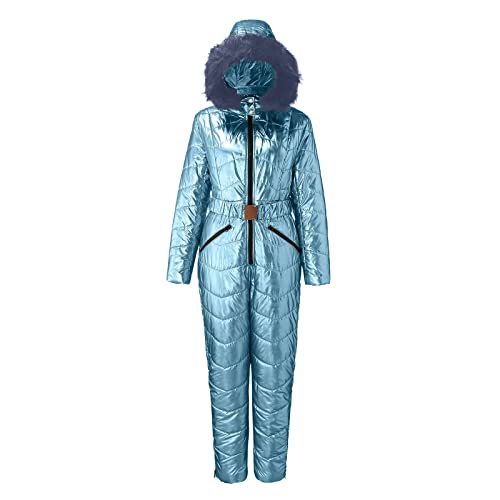 IQYU Skianzug Damen Einteiler Warm Schneeanzug Wasserdicht Schneeoverall Mit Fellkapuze Gürtel Snowboardjacke Lang Skijacke Thermo-Skibekleidung Warme Schnee-Jacke Skifahren Sätze Outdoor Jumpsuit von IQYU