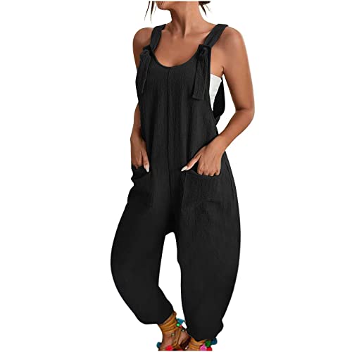 IQYU Stoff-Latzhose Damen Sommer Lang Latzhosen Sommer Sommerhose Mit Hosenträger Vintage Sommeroveralls Für Frauen Leinenhose Leicht Weites Bein Sommerhose Locker Strandhose/Damenoveralls von IQYU