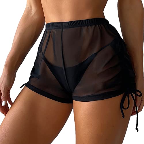 IQYU Strandhose Damen Durchsichtig-Schwimmhose Kurz Locker Schwimmshorts Schwarz-Strandshorts Sexy Transparent Badeshorts Baderock Mesh-Bikinihose Schwimmrock Strandrock Strand Kurz Bikinihose von IQYU