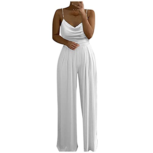 Jumpsuit Damen Elegant FüR Hochzeit Weiß: Satin-Hosenanzug Festlich Elegant Playsuit äRmellos-Overall Sexy V-Ausschnitt Damenoveralls äRmellose Einteiler SpaghettiträGer-Jumpsuits Breites Bein Hosen von IQYU