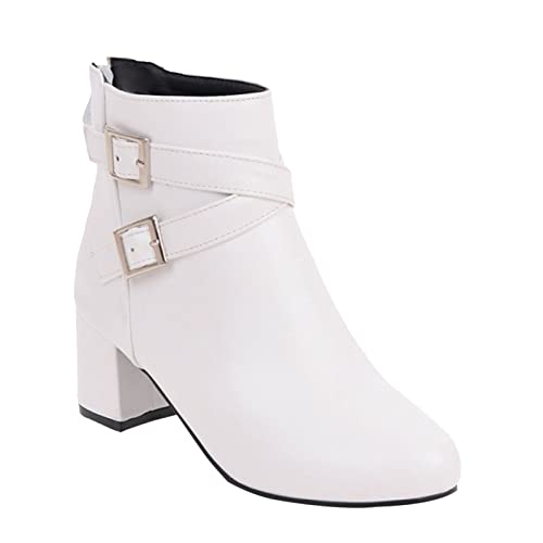 Mädchen 29 Rot Damen 39 Herbst und Winter Frauen dicke Ferse kurze Stiefel Gürtelschnalle mittlerer Absatz seitlicher Reißverschluss Frauen Stiefel Damen Plateau Stiefeletten Absatz Damen (White, 40) von IQYU