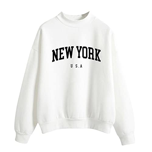 New York Pullover Damen: Pullover Damen Oversize Baumwolle Langarmshirt Teenager MäDchen Langarm Sweatshirt Ohne Kapuze Pullover Vintage Graphic Hoodies Hip Hop Streetwear Bauchfrei Pulli Y2k Top von IQYU