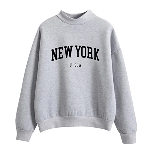 New York Pullover Damen: Pullover Damen Oversize Baumwolle Langarmshirt Teenager MäDchen Langarm Sweatshirt Ohne Kapuze Pullover Vintage Graphic Hoodies Hip Hop Streetwear Bauchfrei Pulli Y2k Top von IQYU