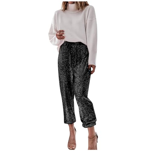 Pailettenhose Damen Gold: Pailletten Hose Damen Silber-Freizeithose Elegant Sommmerhose Baggy Jogginghose Glitzer-Hose Mit Tunnelzug Party-Hosen Disco Mode Pants Vintage Tanzhosen FüR Frauen Yogahose von IQYU