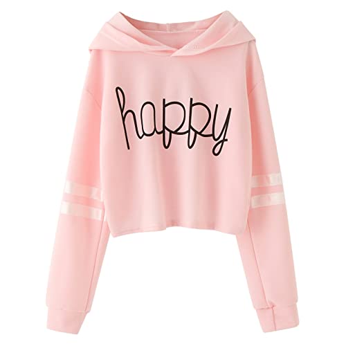 Pullover Mädchen Jugendlich Mädchen Kinder Casual Loose Active Full Sleeves Hoodies Sweatshirts mit Kapuze Kurzer Pullover Letter Print Striped Teen Crop Tops Girls Tops Sweatshirt Mädchen 146 von IQYU