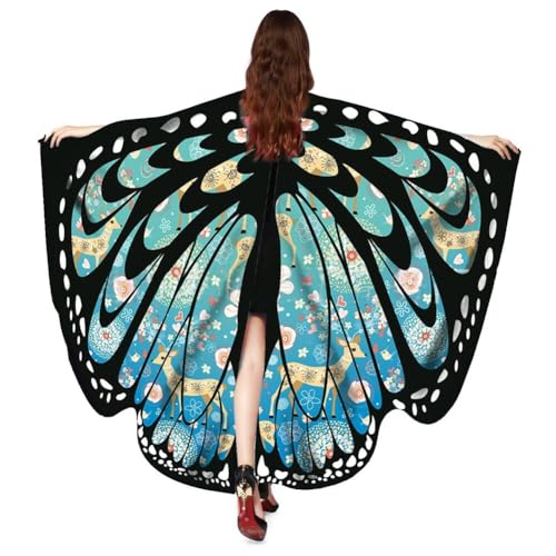 ISAKEN Karnevalskostüm Damen Schmetterling Umhang Erwachsene Poncho Umhang Farbverlauf Bunte Druck Schmetterlingflügel Schal für Party Halloween Weihnachten Kostüm Cosplay Karneval Fasching von ISAKEN