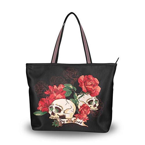 ISAOA Große Tragetasche für Damen, Reißverschluss, Handtasche, Strandtasche, Reisetasche, lässig, Einkaufstasche, L (Totenkopf und Blumen, Tag der Toten), - multi - Größe: Large von ISAOA