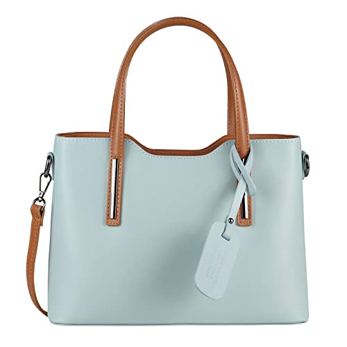 OBC Made IN Italy Damen Echt Leder Tasche Business Shopper Schultertasche Handtasche Ledertasche Umhängetasche Rindsleder Freizeittasche Hellblau-Braun von ITALYSHOP24.COM