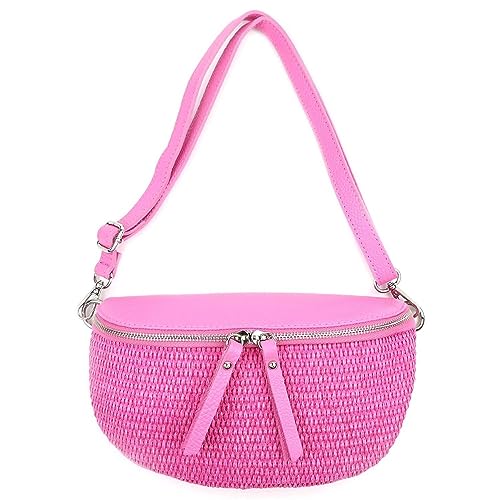 Made in Italy Damen Leder Tasche Basttasche Schultertasche Gürteltasche Sommer Strandtasche Crossbody Bauchtasche Umhängetasche Cross-Over Bodybag Handytasche Geflochten Bast Abendtasche Rosa von ITALYSHOP24