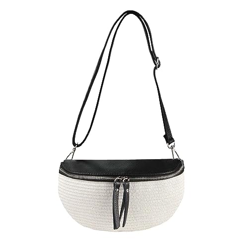 Made in Italy Damen Leder Tasche Basttasche Schultertasche Gürteltasche Sommer Strandtasche Crossbody Bauchtasche Umhängetasche Cross-Over Bodybag Handytasche Geflochten Bast Abendtasche Schwarz-Weiß von ITALYSHOP24