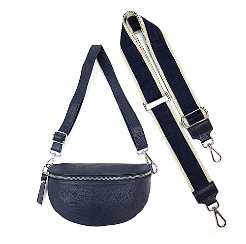 Made in Italy OBC Damen Set Gürteltasche + Schultergurt Leder Crossbody Hüfttasche Bauchtasche Umhängetasche Brusttasche Crossover Bag Schultertasche Handytasche Geldtasche Navy S (22cm) + Gürtel von ITALYSHOP24