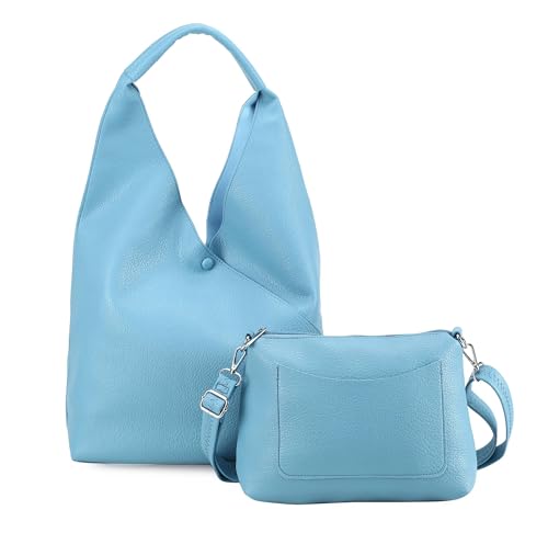 OBC Damen Tasche XXL Set 2in1 Shopper Hobo Bag Schultertasche Cross Over Body Bag Umhängetasche Beuteltasche Handtasche Leder Optik Blau V2 von ITALYSHOP24
