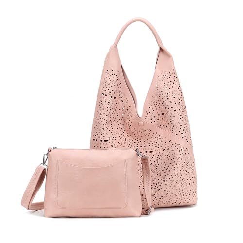 OBC Damen Tasche XXL Set 2in1 Shopper Hobo Bag Schultertasche Cross Over Body Bag Umhängetasche Beuteltasche Handtasche Leder Optik Rosa von ITALYSHOP24