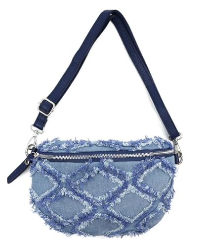 OBC Made in Italy Damen Brusttasche Jeans Leder Tasche Bauchtasche Hüfttasche Schultertasche Bodybag Umhängetasche Crossbody Handytasche Crossbag Gürteltasche Blau S (Jeansstoff) von ITALYSHOP24