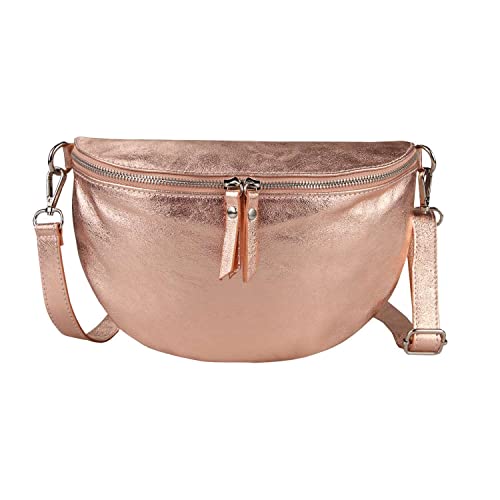 OBC Made in Italy Damen Leder Tasche Medium Handytasche Gürteltasche Crossbody Hüfttasche Bauchtasche Umhängetasche Cross-Over Bodybag Schultertasche Kosmetiktasche Rosa (Metallic) von ITALYSHOP24