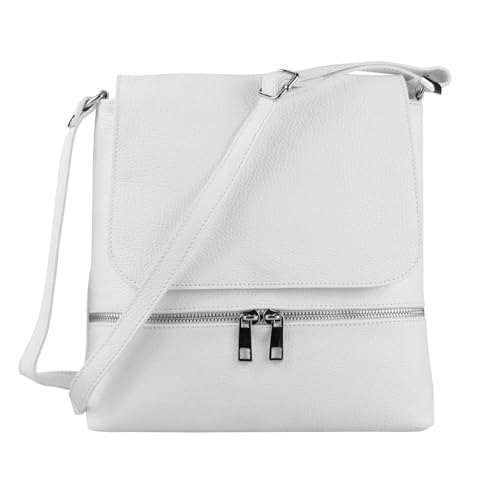 OBC Made in Italy Damen Leder Tasche Messenger Crossbody Handtasche Schultertasche Crossover Umhängetasche Shopper Damentasche Überschlagtasche Tablettasche bis ca. 7-9 Zoll Weiß von ITALYSHOP24