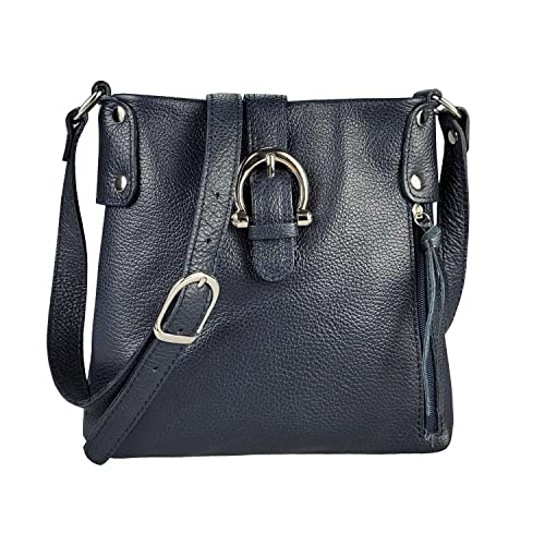 OBC Made in Italy Damen Leder Tasche Schultertasche Crossover Handtasche Umhängetasche Bodybag Abendtasche Crossbody Ledertasche Dunkelblau von ITALYSHOP24