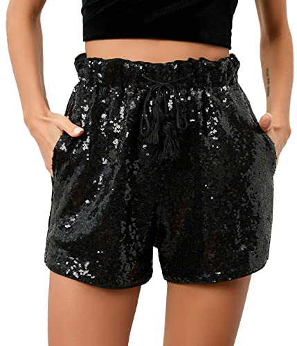 Damen Sommer Pailletten Shorts Hohe Taille Casual Loose A Linie Hot Pants Glitzernde Clubwear Night-Out Skorts, schwarz, XX-Large von IUALXYBB