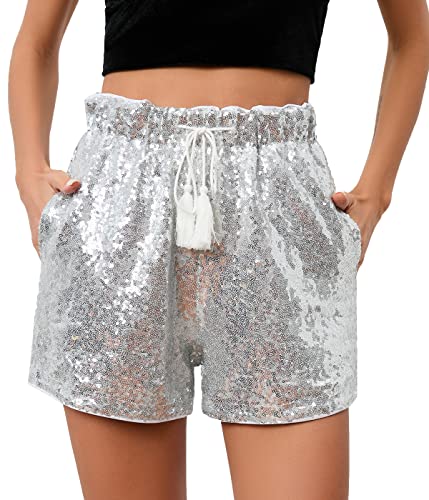Damen Sommer Pailletten Shorts Hohe Taille Casual Lose A Linie Hot Pants Sparkly Clubwear Night-Out Skorts, silber, 3X-Groß von IUALXYBB