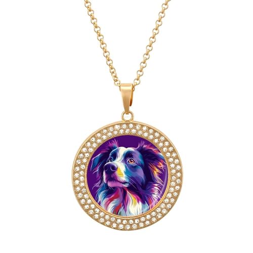 IUBBKI Bunte Border Collie-Hundeanhänger-Halskette für Frauen, runde Diamant-Halskette, Schmuckanhänger IUBBKI Bunte Border Collie-Hundeanhänger-Halskette für Frauen, runde Diamant-Halskette, Schmuckanhänger von IUBBKI