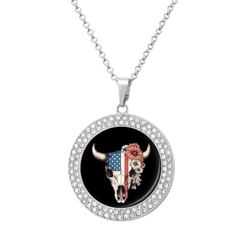 IUBBKI Halskette mit Anhänger mit Kuhschädel und US-Flagge für Damen, runde Diamant-Halskette, Schmuckanhänger IUBBKI Halskette mit Anhänger mit Kuhschädel und US-Flagge für Damen, runde Diamant-Halskette, Schmuckanhänger von IUBBKI