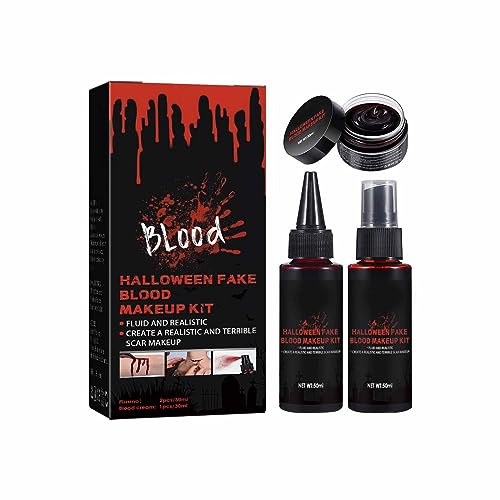 3 PCS Kunstblut FakeBlood Halloween schminke SFX Makeup Kit - Koaguliertes Kunstblut, Blutspray, Tropfendes Stadium Kunstblut, Stipple Schwamm, Realistischer VampirMonster Kostüm (Black, One Size) von IUNSER