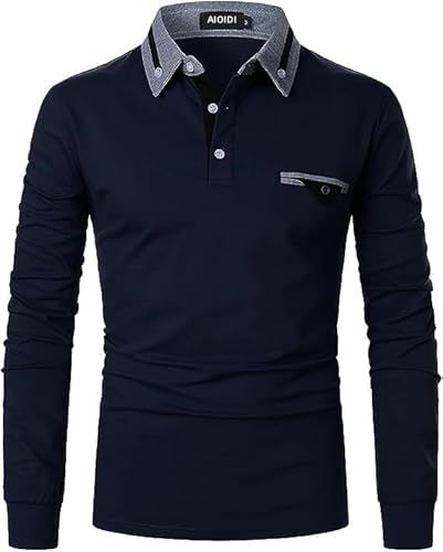 AIOIDI Herren Baumwolle Langarm Poloshirt Tennis Basic Golf Polo Shirt C-Blau L von AIOIDI