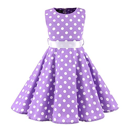 IWEMEK Kinder Mädchen 1950er Vintage Abendkleid Rockabilly Kleid Hepburn Stil Polka-Dots Blumendruck Kleid Retro Cocktailkleid Prom Knielang Faltenkleid Lila 11-12 Jahre von IWEMEK