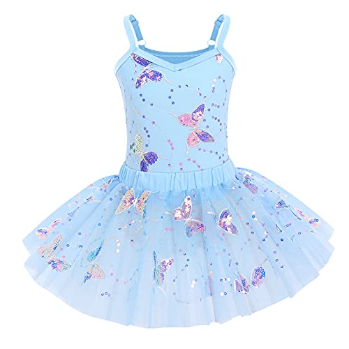 IWEMEK Mädchen Ballettkleid Ärmellos Pailletten Schmetterling Balletttrikot Ballettanzug Tanzkleid Tanzbody Top mit Tütü Rock Ballettrock 2tlg Kinder Ballettkleidung Gymnastik Blau 9-10 Years von IWEMEK