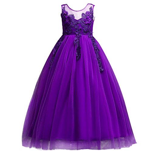 IWEMEK Mädchen Kinder Tüll Blume Kleider Blumenmädchenkleider Hochzeitskleid Brautjungfern Kleid Prinzessin Hochzeit Abendkleid Geburtstag Langes Kleid Festzug Cocktailkleid Ballkleid Violett 15-16 von IWEMEK