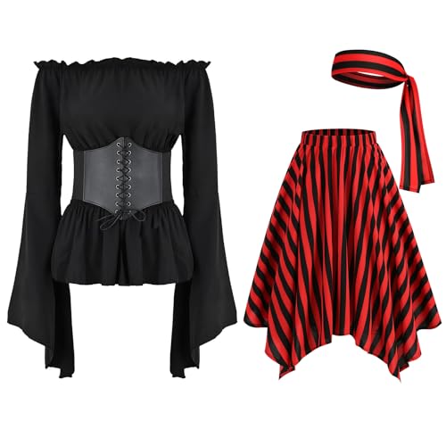 IWEMEK Piratenkleid Damen mit Korsett Lang Piratin Kost�m Kopftuch Gestreifte Rock Mittelalter Piratenkost�m Kurz Gothic Kleid Renaissance Piraten Off Shoulder A-Linie-Kleid f�r Karneval schwarz S IWEMEK Piratenkleid Damen mit Korsett Lang Piratin Kost�m Kopftuch Gestreifte Rock Mittelalter Piratenkost�m Kurz Gothic Kleid Renaissance Piraten Off Shoulder A-Linie-Kleid f�r Karneval schwarz S von IWEMEK