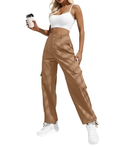 IWOLLENCE Cargohose Damen Y2K Hose Arbeitshose Hoher Taille Pants Baggy Jogginghose Outdoor Hosen für Damen mit Kordelzugbündchen 6 Taschen Braun XL von IWOLLENCE