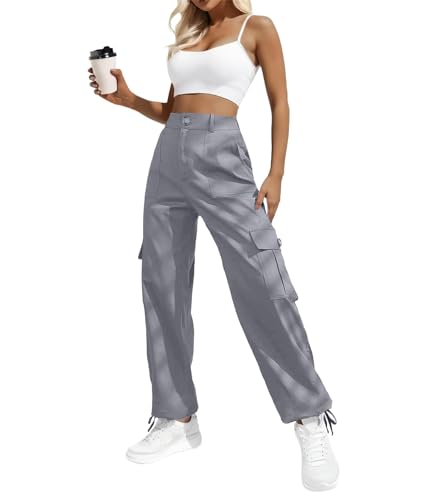 IWOLLENCE Cargohose Damen Y2K Hose Arbeitshose Hoher Taille Pants Baggy Jogginghose Outdoor Hosen für Damen mit Kordelzugbündchen 6 Taschen Grau M von IWOLLENCE