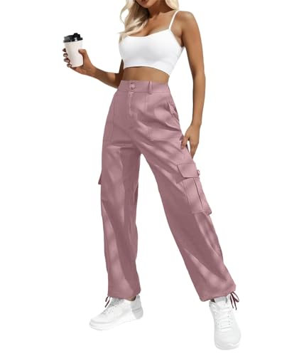 IWOLLENCE Cargohose Damen Y2K Hose Arbeitshose Hoher Taille Pants Baggy Jogginghose Outdoor Hosen für Damen mit Kordelzugbündchen 6 Taschen Rosa L von IWOLLENCE