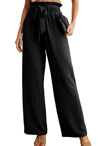 IWOLLENCE Schwarze Hose Damen Elegant Marlenehose Damen Straight Wide Leg Hose Damen High Waist Business Hose Bundfaltenhose von IWOLLENCE