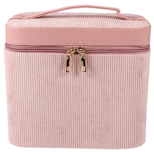 IWOWHERO Kosmetik Koffer Mit Großer Kapazität Reise-Aufbewahrungstasche Schminktasche Zum Aufhängen Schmuckorganisator Für Frauen Makeup Tasche Fräulein Cord Rosa Spiegel Hängend von IWOWHERO