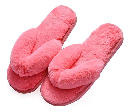 Plüsch Frauen Flip Flops Hausschuhe, Fluffy Kunstpelz Flip Flops, Home Open Toe Hausschuhe für Mädchen oder Männer,38-39,pink von IXITON