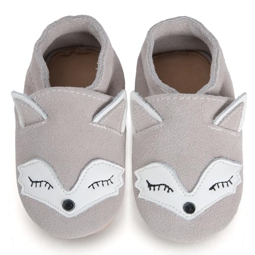 IceUnicorn Baby Lauflernschuhe Krabbelschuhe Baby Mädchen Jungen Lederschuhe Baby Weicher Leder Hausschuhe Baby Wildledersohlen Babyschuhe(NR Graufuchs, 0-6 Monate) von IceUnicorn