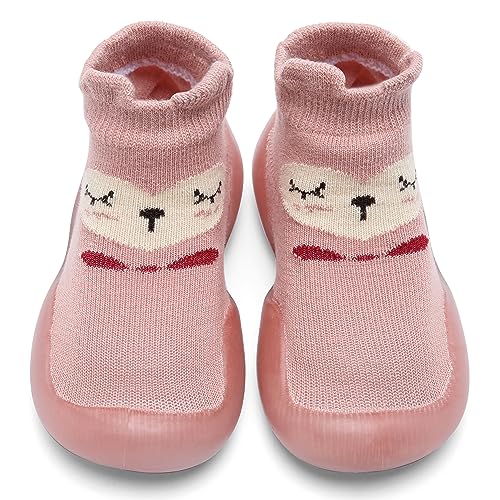 IceUnicorn Baby Sockenschuhe Krabbelsocken Baby Barfußschuhe Lauflernschuhe Baby Mädchen Junge rutschfeste Cartoon Weicher Stricken Sockenschuhe(Pink Fox, 9-12 Monate) von IceUnicorn