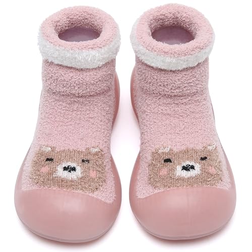 IceUnicorn Baby Sockenschuhe Krabbelsocken Baby Barfußschuhe Lauflernschuhe Baby Mädchen Junge rutschfeste Cartoon Weicher Stricken Sockenschuhe(Rosa Bär SH, 12-18 Monate) von IceUnicorn