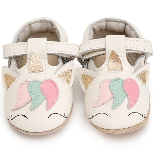 IceUnicorn Krabbelschuhe Baby Sommer Lauflernschuhe Baby Weicher Leder Sommer Baby Sandalen Lederschuhe Baby Wildledersohlen Babyschuhe(Einhorn Weiß, 12-18 Monate) von IceUnicorn