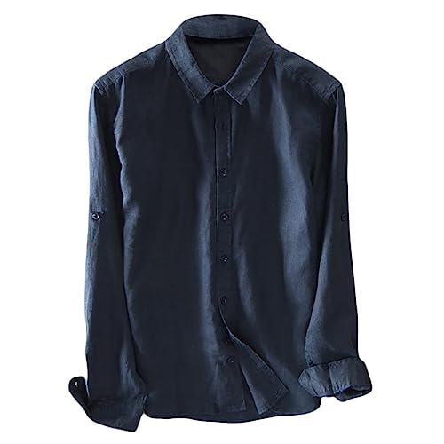 Icegrey Beiläufig Langarm Leinen Shirts Strand Hemden Herren Leinen Hemden Tiefes Blau 42 (M EU) von Icegrey