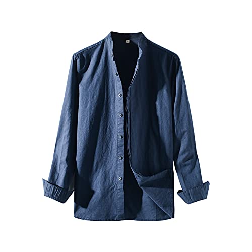 Icegrey Herren Leinenhemd Button-down Langarm Sommer Einfarbig Basic Freizeithemd, Navy blau, XXXXX-Large von Icegrey