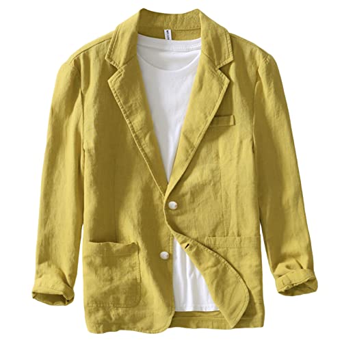 Icegrey Sakko Herren Baumwoll Leinen Regular Fit Schalkragen Anzugjacke 2 Knopf Jacke für Hochzeit Freizeit, Yellow, XXL von Icegrey